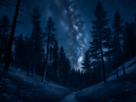 A mystical night scene in a forest, with the Milky Way shining brightly above.の写真素材