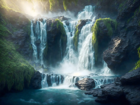 Stunning waterfall cascading down mossy rocks. Breathtaking sceneryの写真素材