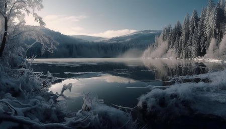 Serene winter landscape. Frozen lake reflecting snowy mountains and frosty trees.の写真素材
