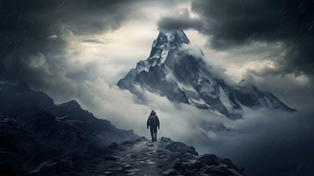 A lone hiker faces a towering, stormy mountain. Dramatic scenery.の写真素材