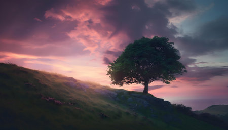 Lone tree on a hill at sunset. Beautiful colors and peaceful atmosphere.