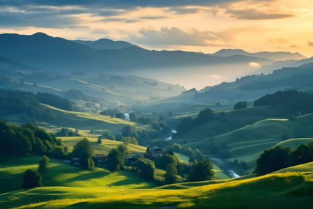 Picturesque sunrise over a tranquil valley. Rolling green hills, a winding river, and distant mountains create a serene atmosphere.の写真素材