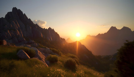 Breathtaking sunset illuminating majestic mountain range.の写真素材