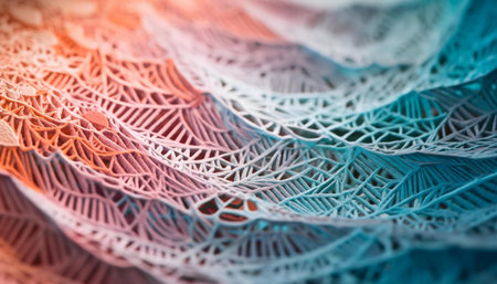 Close-up view of a 3D-printed artwork, featuring intricate patterns and a gradient of colors.の写真素材