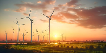 Wind turbines at sunset, renewable energy, serene landscape