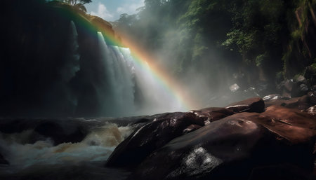Majestic waterfall with rainbow, rainforestの写真素材