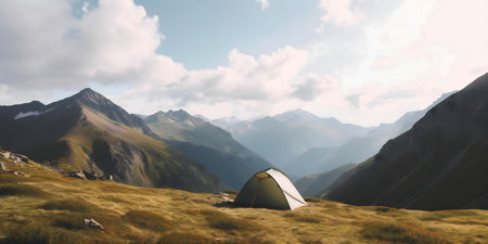 A lone tent sits amidst a breathtaking mountain range, offering a serene camping experience.の写真素材