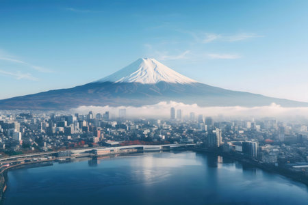 Mount Fuji's majestic presence over a Japanese city, reflecting in the calm waters.の写真素材
