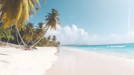 Serene beach with palm trees and turquoise waters.の写真素材