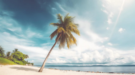 A single palm tree leans over a pristine beach, turquoise waters shimmering under a vibrant sky. Serenity and tranquilityの写真素材