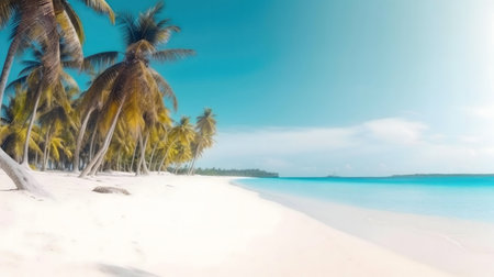 Stunning white sand beach, turquoise water, palm trees. Tropical paradise.の写真素材