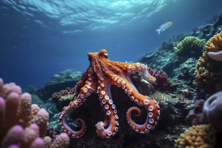 A stunning underwater scene showcasing a giant Pacific octopus amidst vibrant coral.