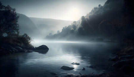Serene misty morning river landscape. Foggy mountains and calm waters.の写真素材