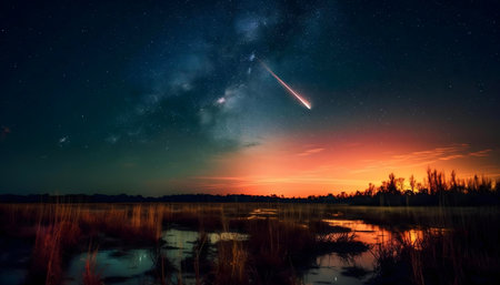 Stunning meteor shower above a tranquil marshland at sunset. Breathtaking night sky