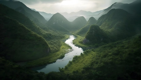 Stunning aerial shot of a tranquil river winding through a lush green mountain valley. Serenity and peace are palpable.の写真素材