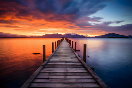 Stunning sunset view over a tranquil lake with mountains in the background, and a wooden pier extends into the water.の写真素材