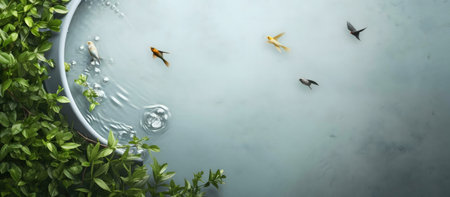 Peaceful image of goldfish in a pond. Green plants surround.の写真素材