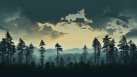A digital painting of a tranquil forest at dusk, with tall trees silhouetted against a dramatic sky.