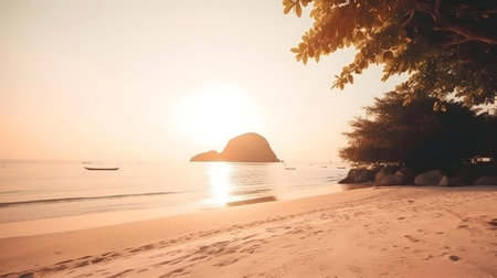 Peaceful beach sunset. Golden light, calm ocean.の写真素材
