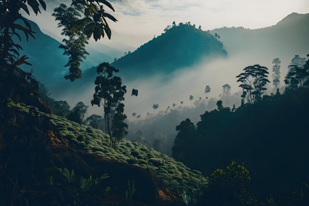 Misty mountains, lush tea fields, serene dawnの写真素材