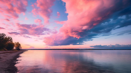 Stunning pink sunset reflecting on a calm lake, peaceful and serene atmosphereの写真素材