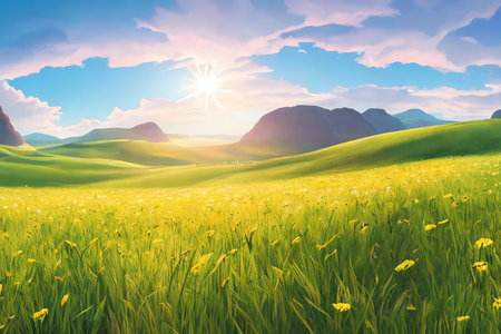 Serene summer meadow with yellow flowers and mountains in background under bright sun.の写真素材