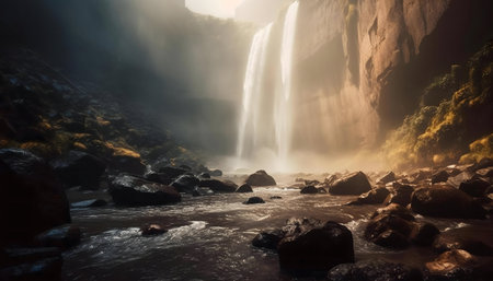A mesmerizing waterfall plunges into a rocky gorge, bathed in sunlight creating a magical atmosphereの写真素材