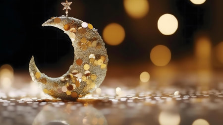 A glittering golden crescent moon decoration, sits on a sparkling surface. Festive lights bokeh in the background.の写真素材