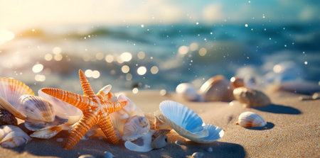 Starfish and seashells on sandy beach, sunny dayの写真素材