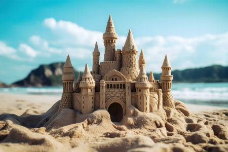 A magnificent sandcastle stands proudly on a sunny beach. Waves gently lap the shore in the background.の写真素材