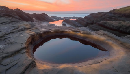 A serene sunset over a coastal rock pool, reflecting the beautiful colors of the sky.の写真素材