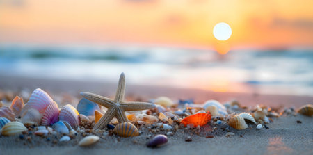 Seashells and starfish on the beach at sunset. Beautiful summer viewの写真素材