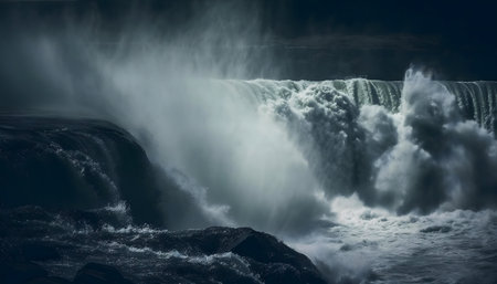A breathtaking view of a massive waterfall, shrouded in mist and spray. The power of nature is on...