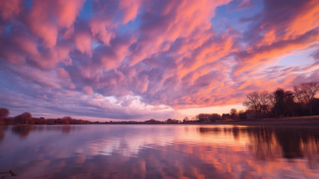Stunning sunset reflected in a calm lake, vibrant colors painting the sky and water.の写真素材