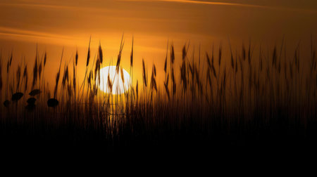 Silhouette of tall grass against a vibrant sunset. Peaceful and warm tones dominate the image.の写真素材