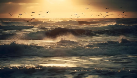 Waves crash at sunset, birds fly aboveの写真素材