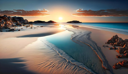Stunning sunset over a pristine beach. Calm waters meet golden sandsの写真素材