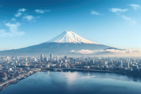 Stunning aerial view of Mount Fuji, its snow-capped peak overlooking a sprawling Japanese city and serene lake.の写真素材