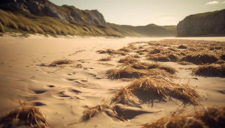 Sandy beach scene with seagrass and coastal cliffs under a sunny sky.の写真素材