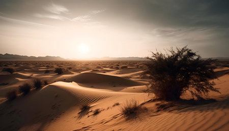A breathtaking desert sunset, showcasing golden sand dunes, resilient plants, and a vibrant sky.の写真素材