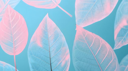 Dreamy pastel pink and teal leaves on a vibrant background.の写真素材