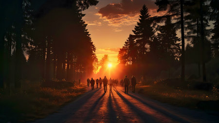 Silhouettes of people walking on a path through a forest at sunset.の写真素材