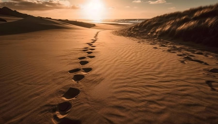 Footprints in the sand lead towards a vibrant sunset over the ocean.の写真素材