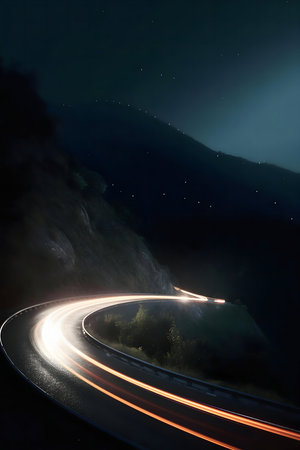 Nighttime mountain road with light trails from cars. Serene and adventurousの写真素材
