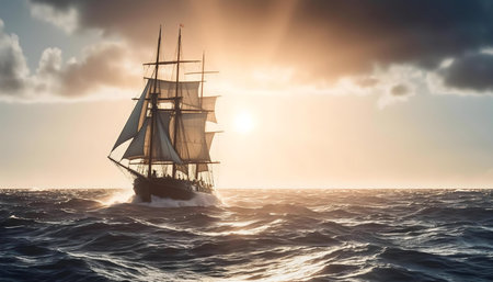 A majestic sailboat gracefully sails across the vast ocean during a breathtaking sunset.の写真素材