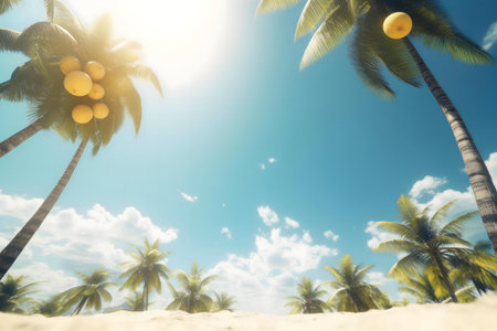 A stunning view of a tropical beach with palm trees, coconuts and a vibrant sunny sky.の写真素材