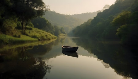 A single boat rests on a calm lake, surrounded by lush green hills at sunrise. The tranquil scene is reflected perfectly in the still waterの写真素材