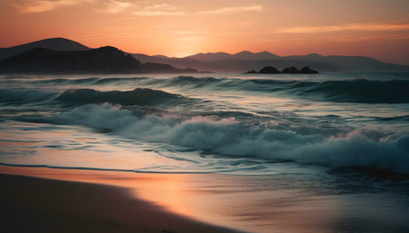 Peaceful ocean rolling onto a sandy beach during a vibrant sunset.