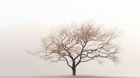 A single, leafless tree stands alone in a misty landscape. Peaceful and serene.