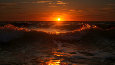 Stunning sunset over the ocean with powerful waves
